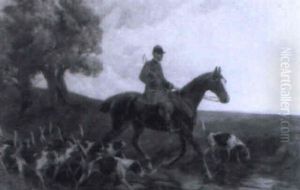 Reiter Mit Hundemeute In Weiter Landschaft Mit Baumen by Richard Benno Adam