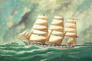 Portrait Of The Three-masted Ship Quillota Leaving The Port Of Le Havre Under Full Sail by Victor Charles Edouard Adam