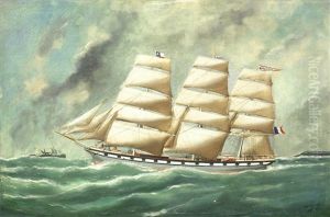 Portrait Of The Square Three-masted Ship Quillota Leaving The Port Of Le Havre Under Full Sail by Victor Charles Edouard Adam