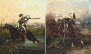 An Arab Cavalry Charge (+ A Pot-shot On The Retreat; Pair) by Victor Adam