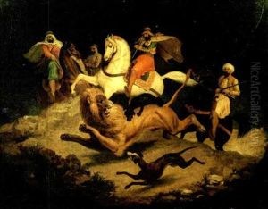 Caccia Al Leone (+ Due Cavalli, Lithograph, Verso) by Victor Adam