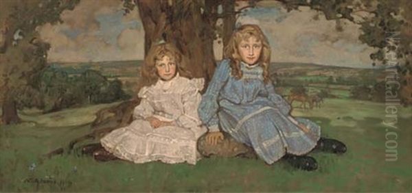 Two Sisters Sitting Under A Tree, An Extensive Landscape Beyond - view 1