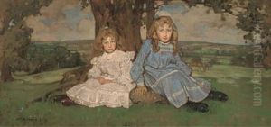 Two Sisters Sitting Under A Tree, An Extensive Landscape Beyond by William Dacres Adams
