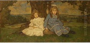 Two Girls Seated In A Landscape by William Dacres Adams