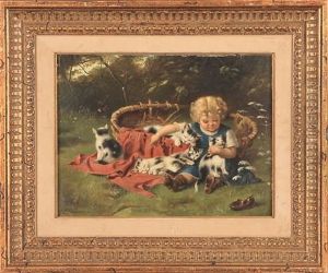 Girl Playing With Four Kittens by John Adamson