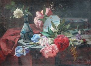 Nature Morte Au Jete De Fleurs Et Ceramiques by Louis Emile Adan