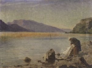 Wascherin Am Seeufer by Louis Emile Adan