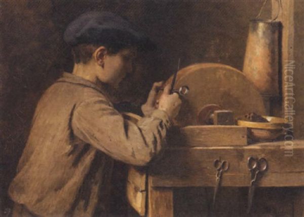 A Young Female Grinding Scissors - view 1