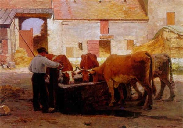 Cows Drinking From A Trough In A Farmyard - view 1