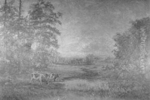 Evergreens And Cows By Watering Hole by Alfred Addy