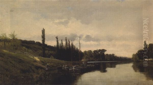 Peniches Dans Un Paysage Fluvial - view 1