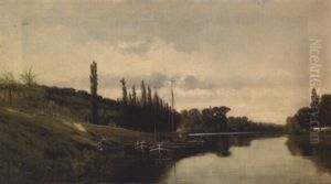 Peniches Dans Un Paysage Fluvial by Gustaf Adelsward