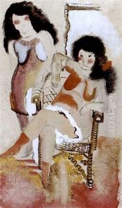 Zwei Madchen (+ Mehrfigurige Szene Und Weibliche Akte, Brush And Ink, Verso)