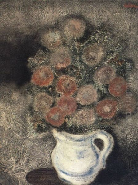 Bouquet Of Pink Flowers In Blue And White Jug - view 1