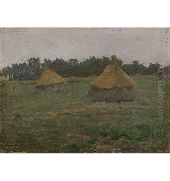 Feldlandschaft Mit Heuhaufen Und Bauerin - view 1