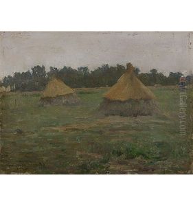 Feldlandschaft Mit Heuhaufen Und Bauerin