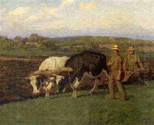 Farm Scene With Men Plowing A Field by Oscar F. Adler