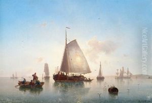 Segelschiffe Vor Abendlicher Kustenlandschaft by Karl Adloff