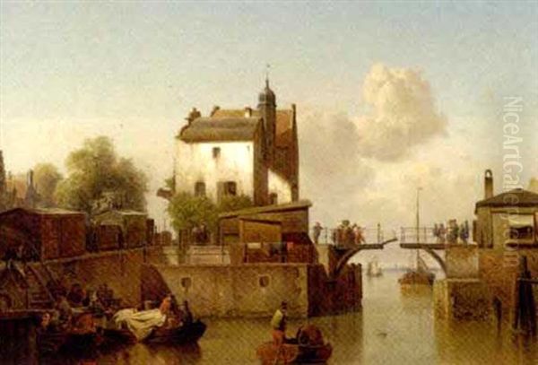 A Canal With Figures Embarking On Fishing Boats And Others On The Locke - view 1