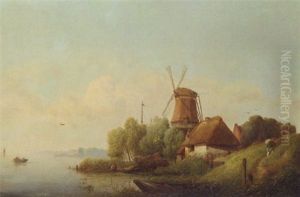 A Summer Landscape With A Windmill On A Riverbank A Summer Landscape With A Windmill On A Riverbank