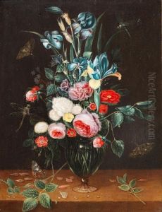 Irises, Roses And Other Flowers In A Glass Vase On A Wooden Table With Butterflies And Dragonflies