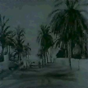 Palmenbestandene Promenade In Bou-saada Mit Figurenstaffage by Lucien Adrion