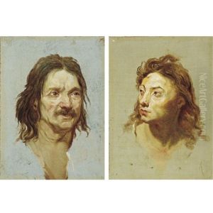 Head Of A Man With A Moustache (+ Head Of A Young Man Turned To His Right; Pair) by Etienne-Louis Advinent