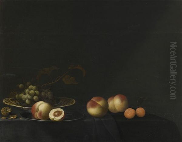 Still Life Of Grapes, Peaches, Apricots And Walnuts, All Upon A Table Draped In A Dark Fabric - view 1