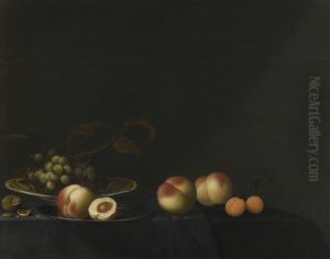Still Life Of Grapes, Peaches, Apricots And Walnuts, All Upon A Table Draped In A Dark Fabric by Evert Van Aelst