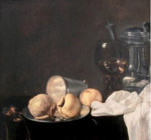 Nature-morte A La Coupe De Pommes, Cedrat, Verre Roemer Et Pichet D'etain Sur Un Entablement by Evert Van Aelst