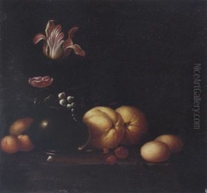 A Tulip, A Rose And A Lily Of The Valley In A Glass Vase With A Peach, An Apricot, Plums, Cherries And Quinces On A Draped Table