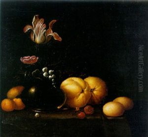 A Tulip, A Rose And A Lily-of-the-valley In A Glass Vase With A Peach, And Other Fruit On A Draped Table by Evert Van Aelst