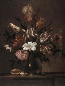 A Still-life Of Tulips And Other Flowers In A Glass Vase    With Seashells And A Snail, All On A Table