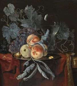 Still Life With Peaches And Grapes On A Pewter Plate, With A Walnut, And A Glass Roemer, All On A Draped Table by Willem Van Aelst