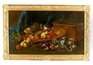Large Still Life With Fruits, Birds And Silver Objects By A Water Cooler Basin With Two Glass Flasks And Some Berries In A Wang-li Bowl