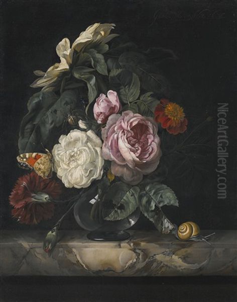 Still Life Of Roses, A Carnation And A Sunflower In A Glass Vase, On A Marble Ledge - view 1
