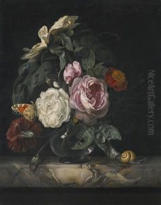 Still Life Of Roses, A Carnation And A Sunflower In A Glass Vase, On A Marble Ledge by Willem Van Aelst