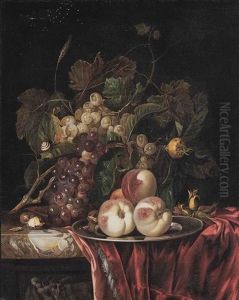 Peaches On A Pewter Plate With Grapes, Chestnuts And Hazelnuts On A Partly Draped Stone Ledge by Willem Van Aelst