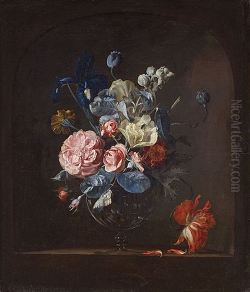 A Vase With Roses, Iris, Marigold, And Tulip In A Niche - view 1