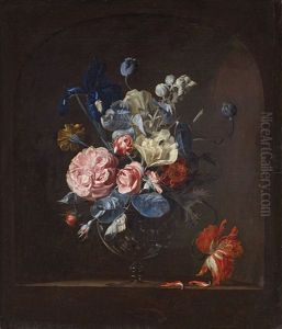 A Vase With Roses, Iris, Marigold, And Tulip In A Niche by Willem Van Aelst