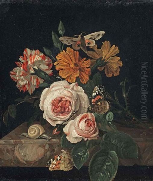 Pink Peony Roses, A Carnation And Daisies With A Dragonfly, Two Butterflies, A Moth And A Snail, All On A Marble Ledge - view 1