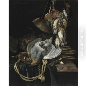A Partridge, A Pheasant, A Hunting Bag And Traps On A Partially Draped Ledge, Songbirds, A Hunting Horn And Hawking Hoods Hanging Above by Willem Van Aelst