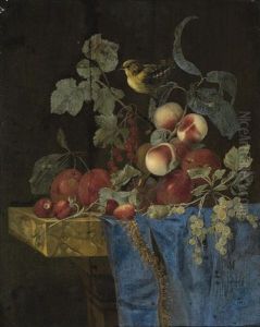 Plums, Strawberries, Peaches, Grapes, Redcurrants And Gooseberries With A Finch by Willem Van Aelst