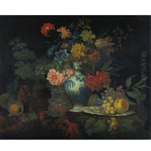 Still Life With Grapes, Peaches And A Bouquet Of Flowers In A Jar, All On A Draped Ledge
