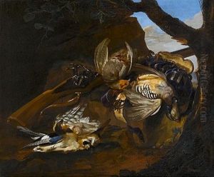 Dead Partridges With A Dead Jay And Sparrowhawk With Hunting Paraphernalia And An Italian Wheel-lock Gun In A Landscape