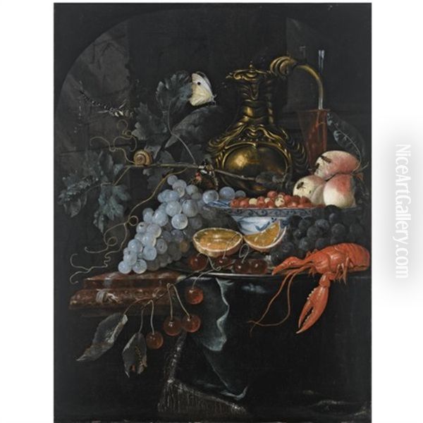 A Still Life With Grapes, Strawberries In A Porcelain Bowl, Peaches, A Silver-gilt Jug, A Wine Glass, Oranges, Cherries And A Lobster, On A Silver Plate, All On A Marble Ledge Draped With A Green Clot - view 1