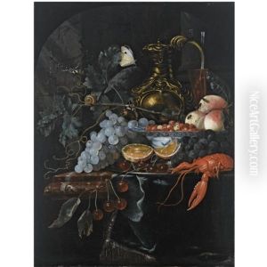 A Still Life With Grapes, Strawberries In A Porcelain Bowl, Peaches, A Silver-gilt Jug, A Wine Glass, Oranges, Cherries And A Lobster, On A Silver Plate, All On A Marble Ledge Draped With A Green Clot by Willem Van Aelst
