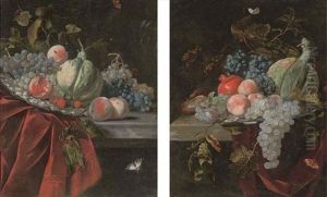 Grapes, Peaches, A Melon, A Fig, And A Pomegranate On A Partly Draped Ledge (+ Another, Similar; Pair) by Willem Van Aelst
