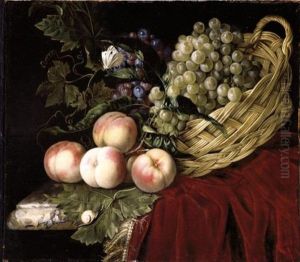 A Still Life With Peaches And Grapes Fallen From An Over-turned Basket, Resting On A Partly-draped Marble Ledge
