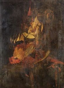 Dead Game With A Grouse And Songbirds Hanging In A Niche, A Pheasant And A Cockerel Lying On A Table Below, Surrounded By Hunting Paraphernalia by Willem Van Aelst